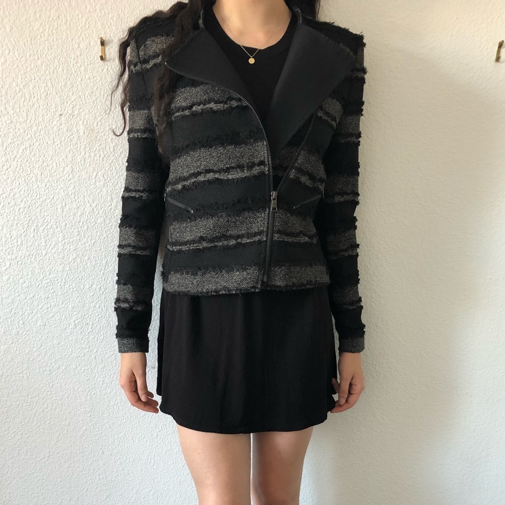 Textured, structured fit, zipper detailing.